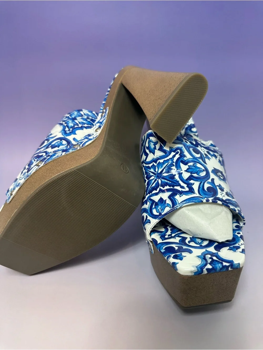 Cape Robbin Blue & White Patterned Platform Wedge Sandals